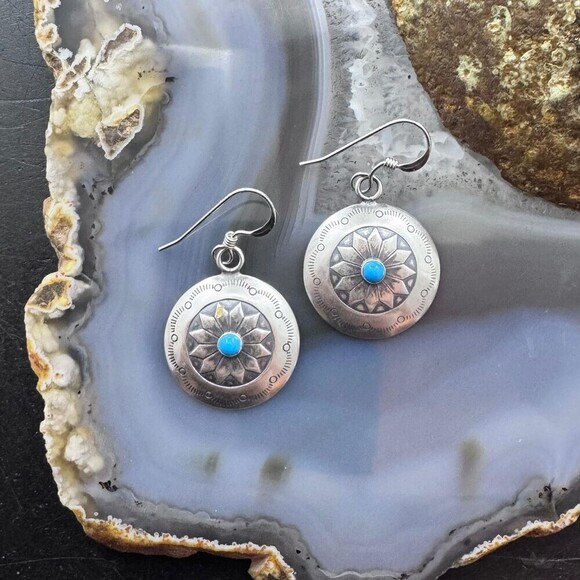 Native American Sterling Silver Turquoise Dot Stamped Concho Dangle Earrings - Picture 4 of 10